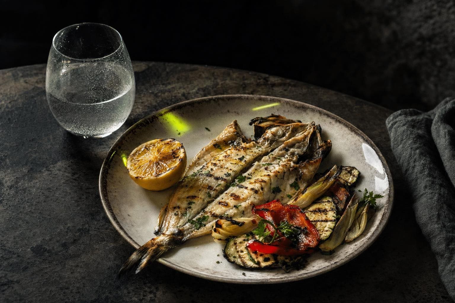 Grilled fish with lemon and vegetables on a dark table in an Italian trattoria