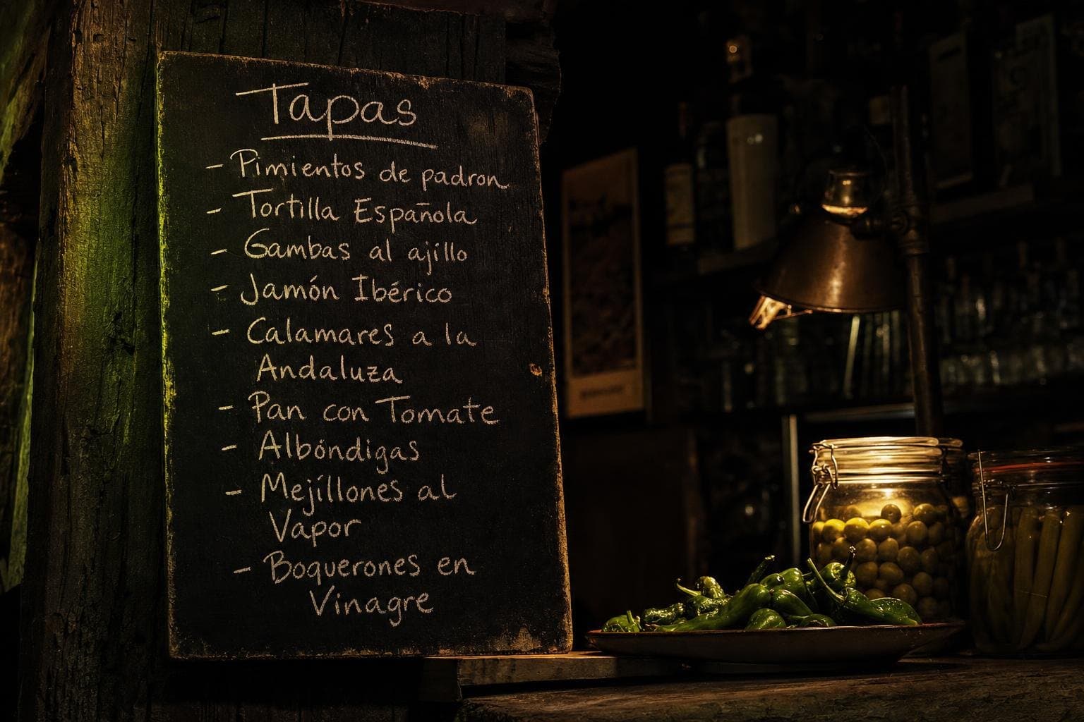 A handwritten tapas menu board in a dimly lit Spanish bar, listing dishes in Spanish